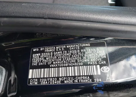 2015 Toyota Yaris Le z USA, uszkodzony, nr VIN VNKKTUD38FA048299